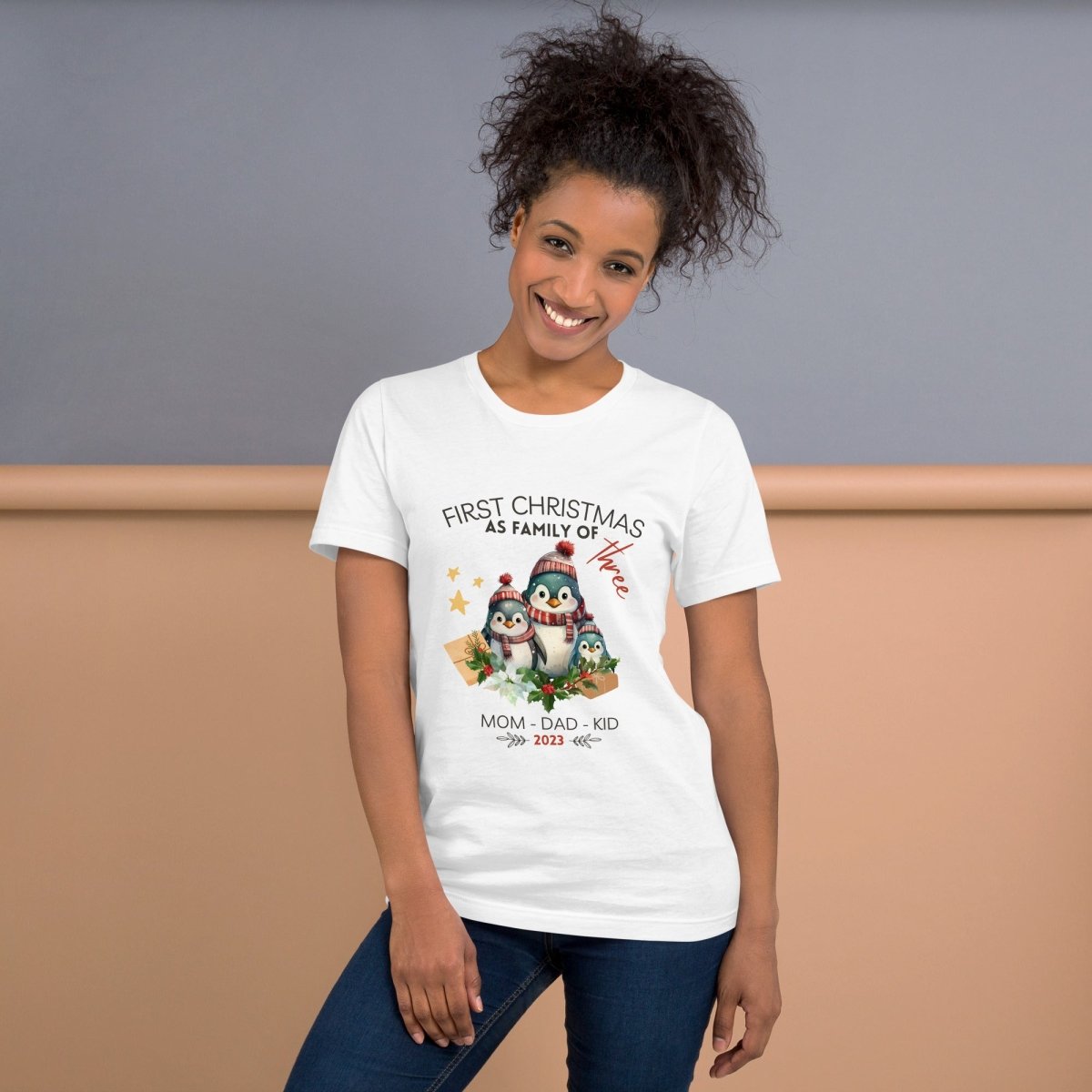 First Christmas as Family of Three - Personalised High Quality Unisex T-Shirt, Cute Custom Tee, First Holiday with Child, Matching Shirt - Everything Pixel