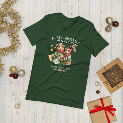 First Christmas as Family of Three - Personalised High Quality Unisex T-Shirt, Cute Custom Tee, First Holiday with Child, Matching Shirt - Everything Pixel