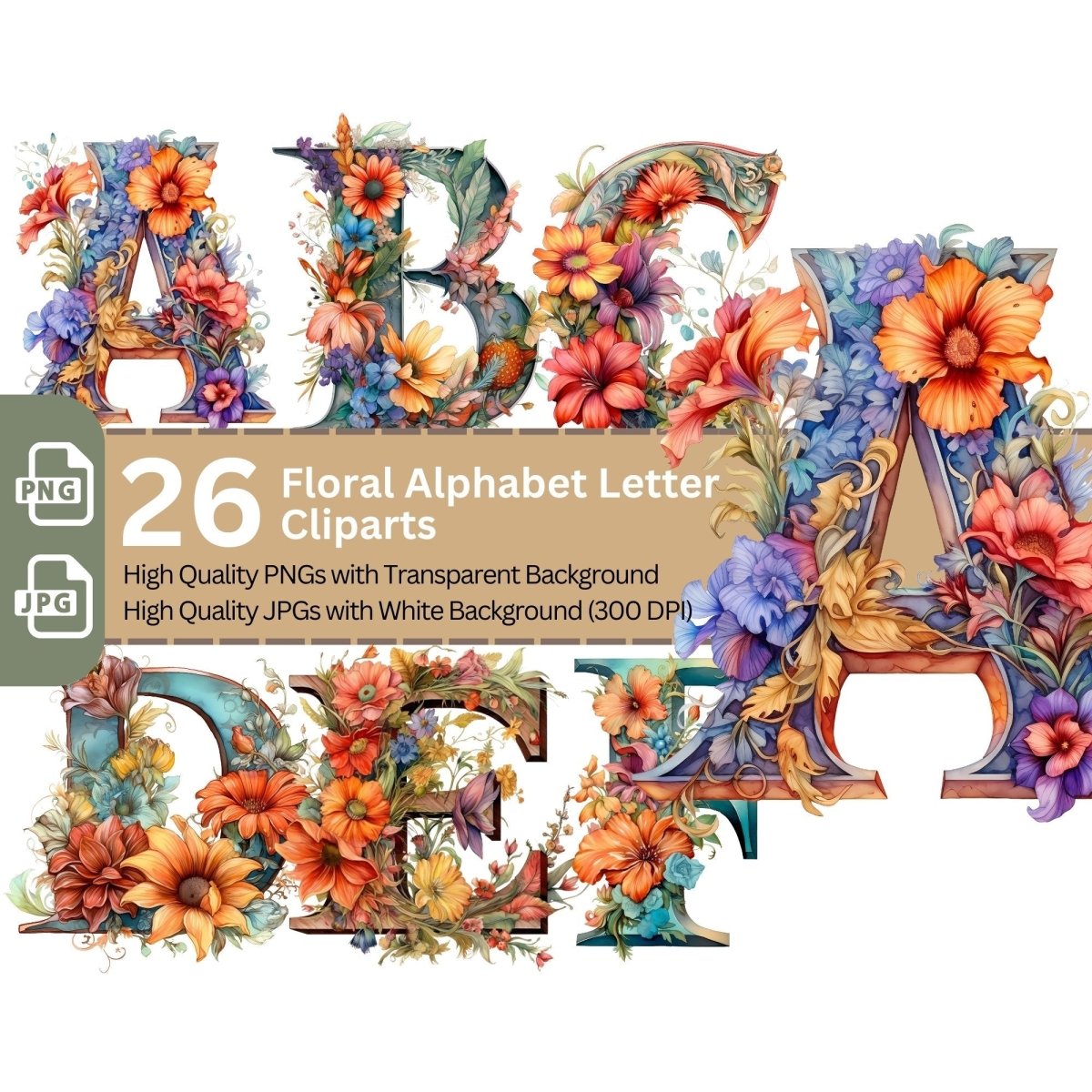 Floral Alphabet 26+26 PNG Clip Art Bundle Fancy Letters for Invitation Cards - Everything Pixel