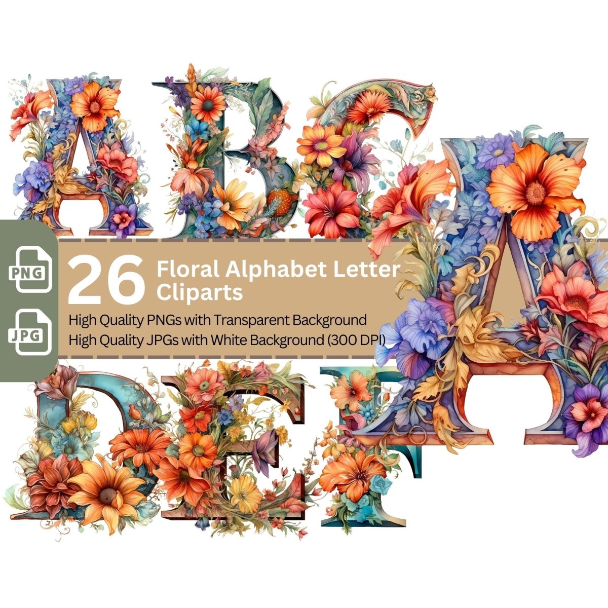 Floral Alphabet 26+26 PNG Clip Art Bundle Fancy Letters for Invitation ...