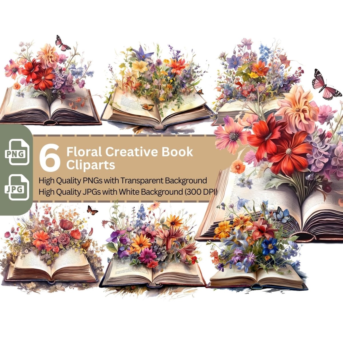 Floral Book 6+6 PNG Clip Art Bundle - Everything Pixel