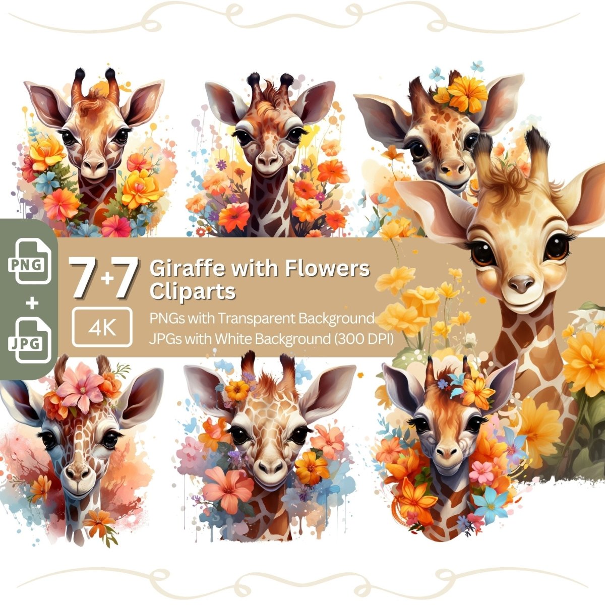 Floral Giraffe Clipart 7+7 PNG/JPG Bundle Safari Animal - Everything Pixel