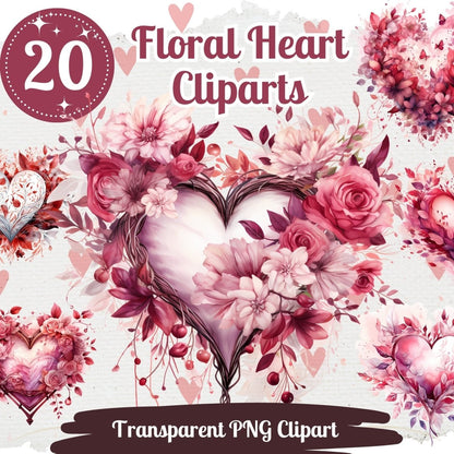 Floral Heart Cliparts 20 PNG Bundle Romantic Heart Graphic Valentines Day Set Card Crafting Junk Journal Kit Cute Love Images - Everything Pixel