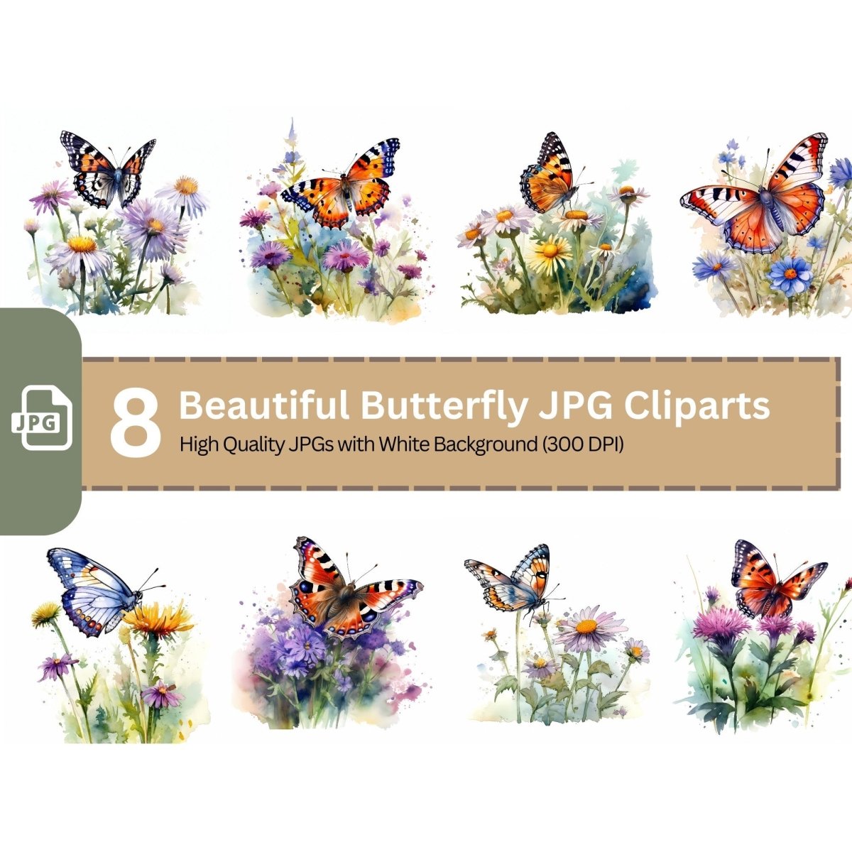 Flowers Butterfly Clipart 8 High Quality JPGs Nursery Art Watercolor Sublimation Clipart - Everything Pixel