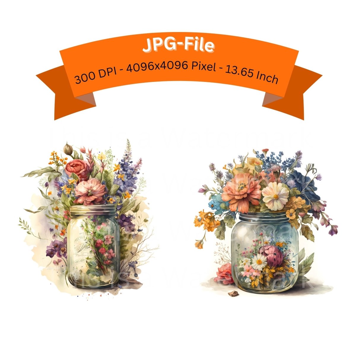 Flowers in Glas Jar 8 JPG Bundle Clipart, Watercolor, Clipart Bundle - Everything Pixel