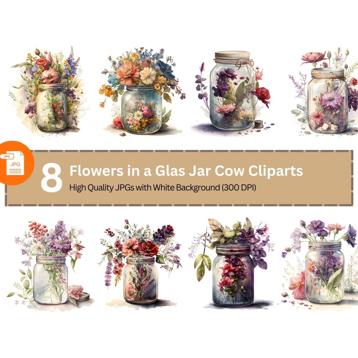 Flowers in Glas Jar 8 JPG Bundle Clipart, Watercolor, Clipart Bundle - Everything Pixel