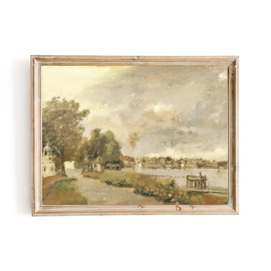 French City Waterfront Promenade Vintage Style Abstract Oil Painting in Muted Tones - Everything Pixel