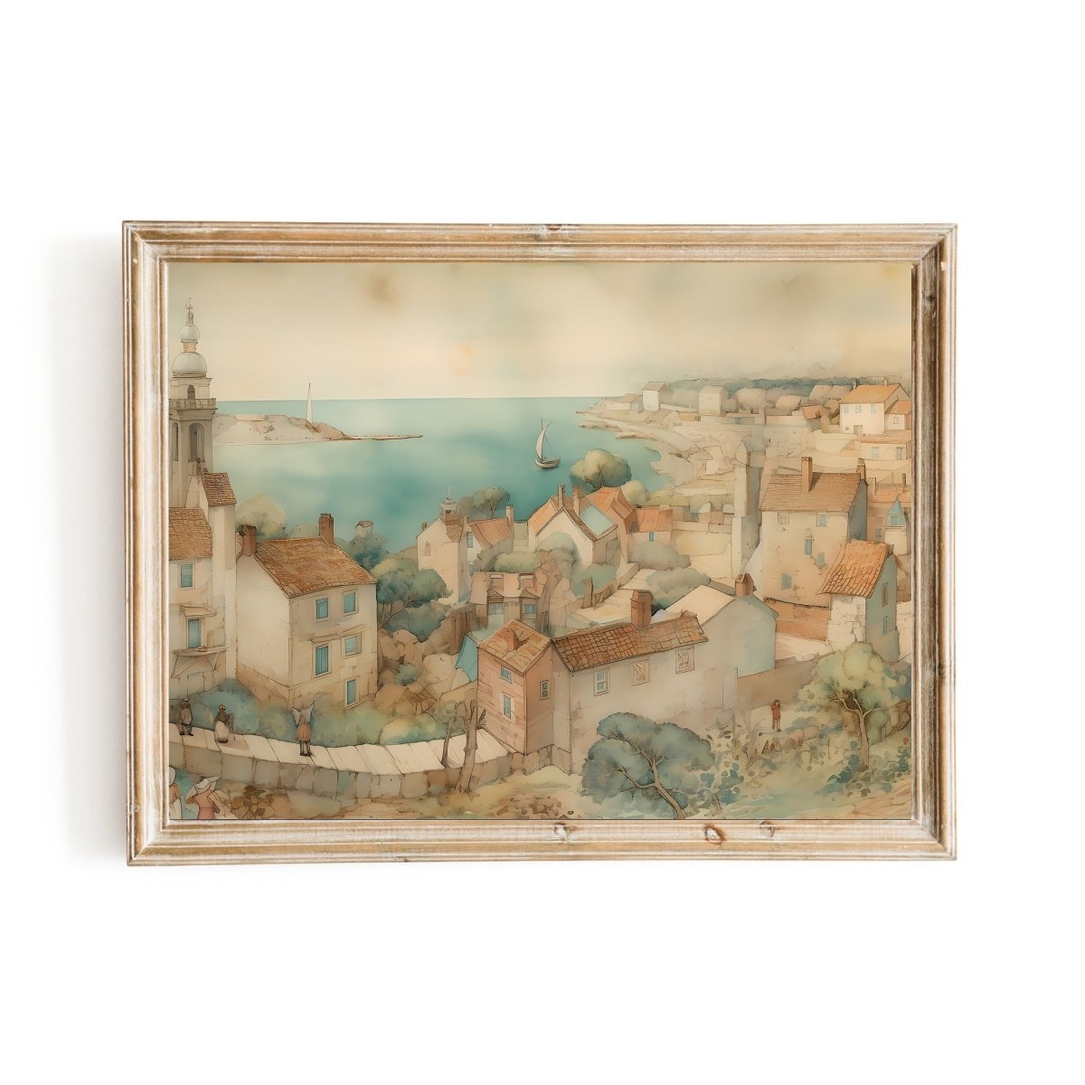 French Coastal Town Watercolor Wall Art Seaside Village Rustic Home Decor - Everything Pixel
