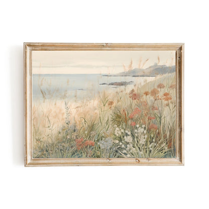 French Coastal Wildflower Meadow Wall Art Hills, Blooming Flowers, Seaside Village - Everything Pixel