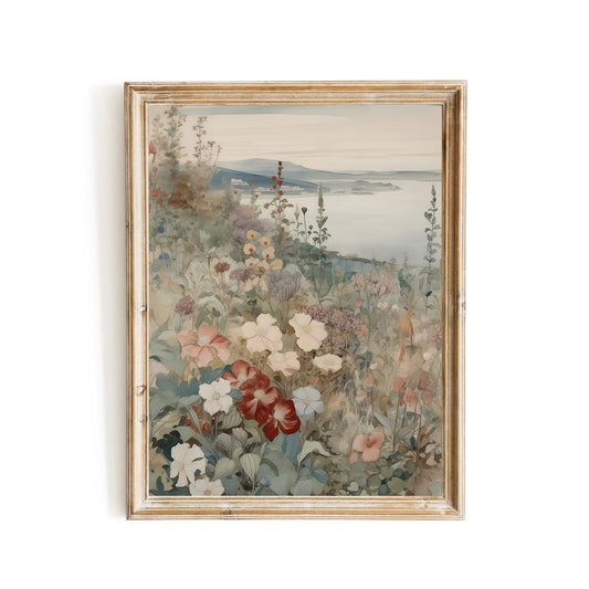 French Coastal Wildflower Meadow Wall Art Hills, Blooming Flowers, Seaside Village - Everything Pixel