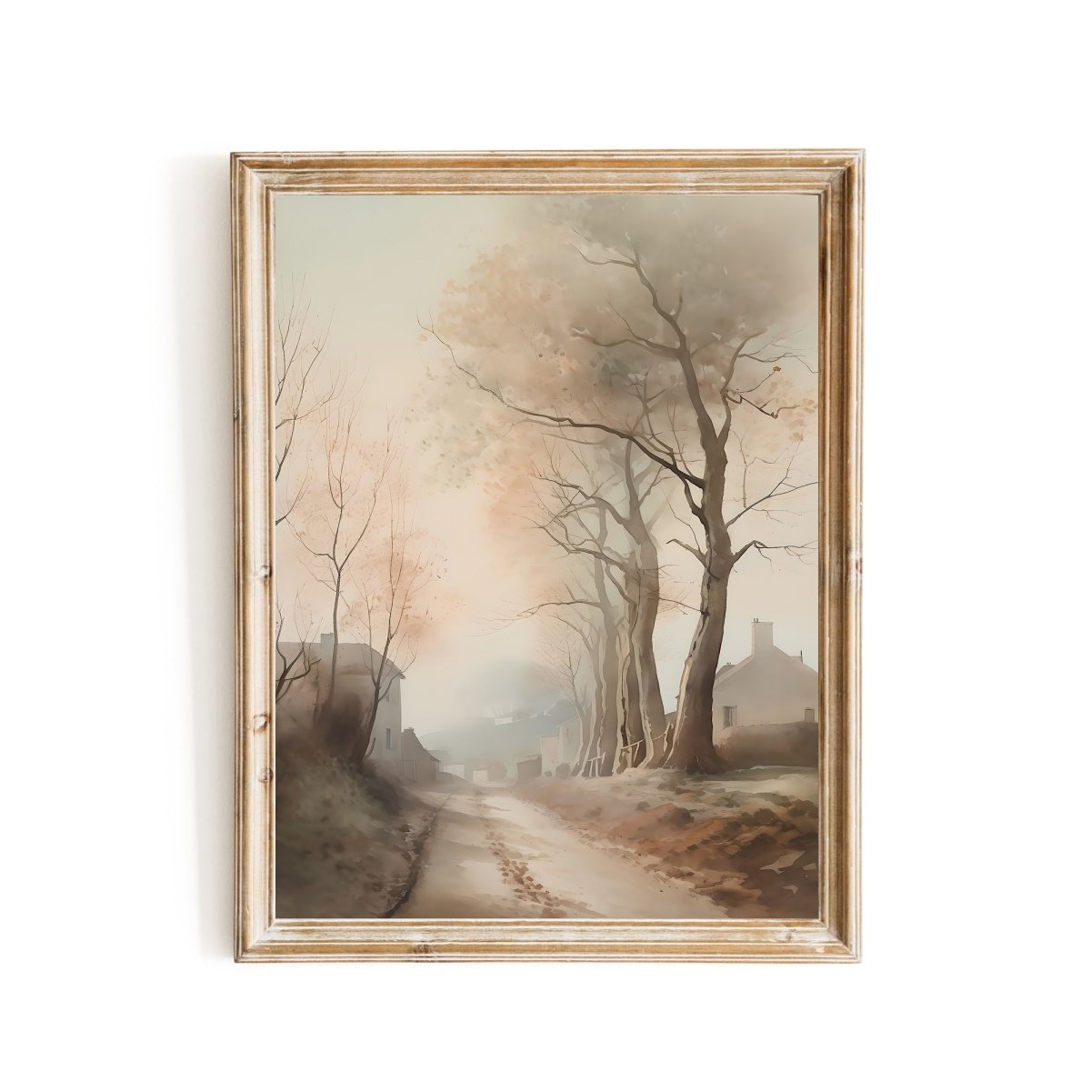 French Countryside Watercolor Wall Art Autumn Alley to Quaint Village with High Trees - Everything Pixel