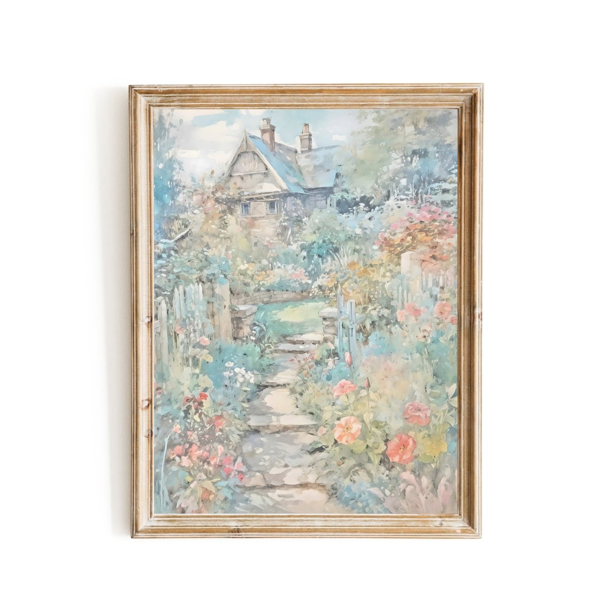 French Countryside Watercolor Wall Art Hidden Cottage Among Blooming Flowers - Everything Pixel
