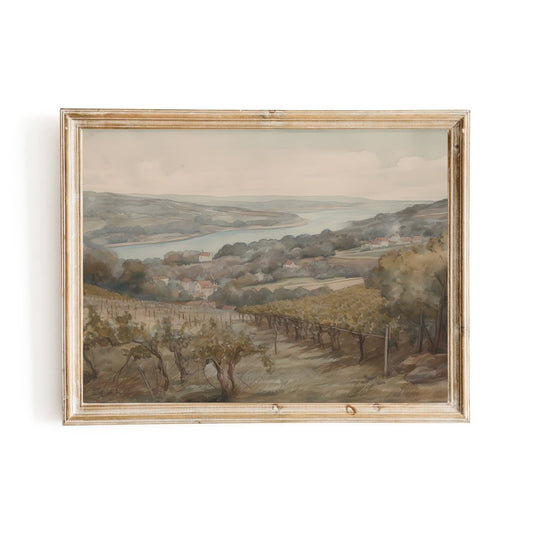 French Vineyard Hillside Wall Art Village by Lake and Rolling Hills - Everything Pixel