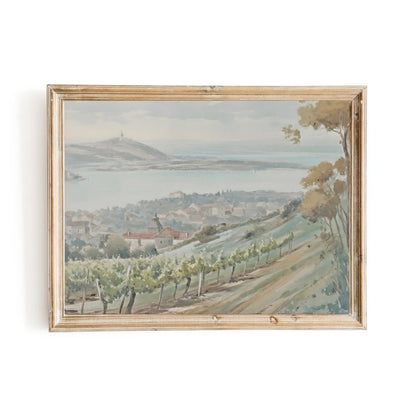 French Vineyard Hillside Wall Art Village by Lake with Rolling Hills - Everything Pixel