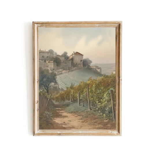 French Vineyard Wall Art Path Through Lush Countryside with Small Village in the Distance - Everything Pixel