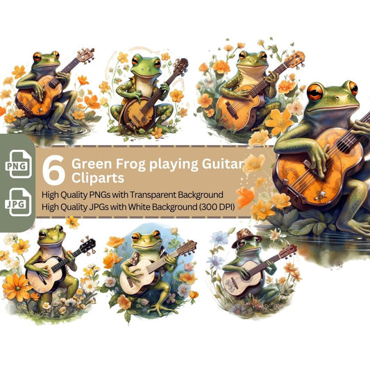 Frog playing Guitar 6+6 PNG Clip Art Bundle - Everything Pixel