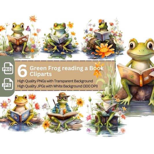 Frog reading a Book 6+6 PNG Clip Art Bundle - Everything Pixel