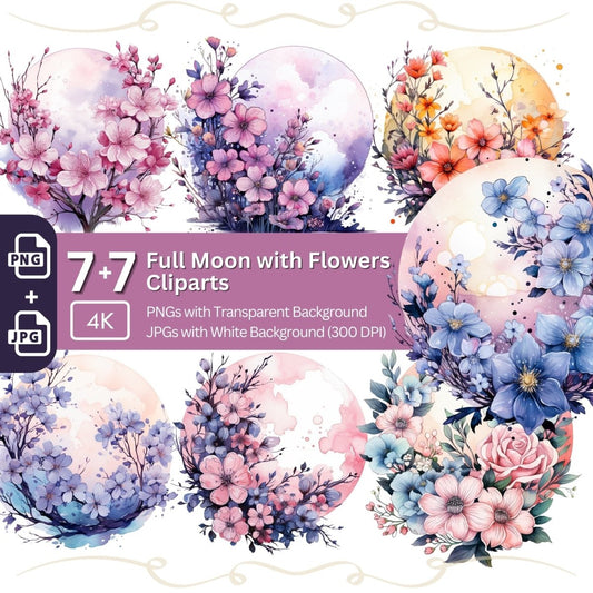 Full Moon with Flowers Clipart Bundle 7+7 PNG JPG Fairy Graphics Pastel - Everything Pixel