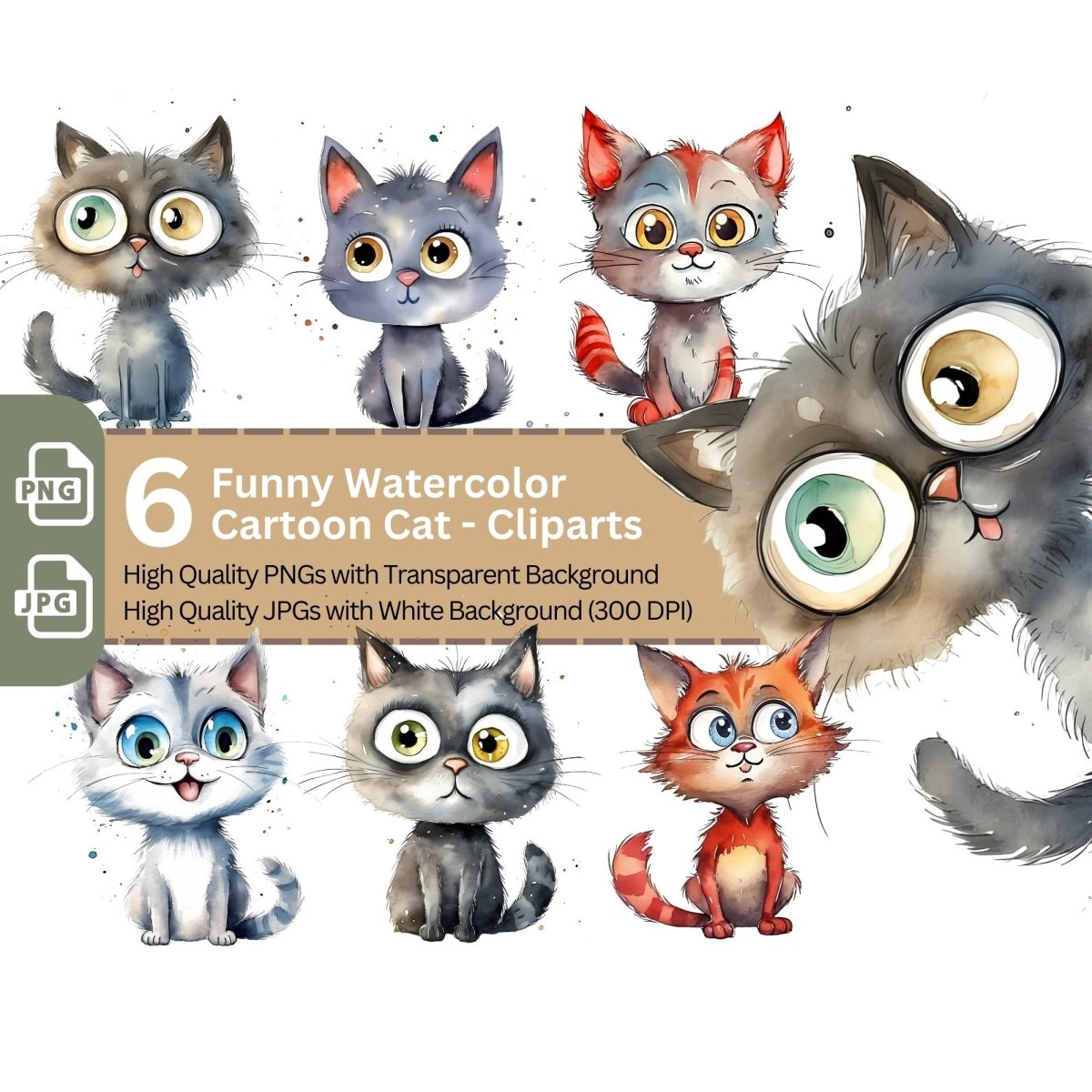 Funny Cat Watercolor Carton 6+6 PNG Clip Art Bundle - Everything Pixel