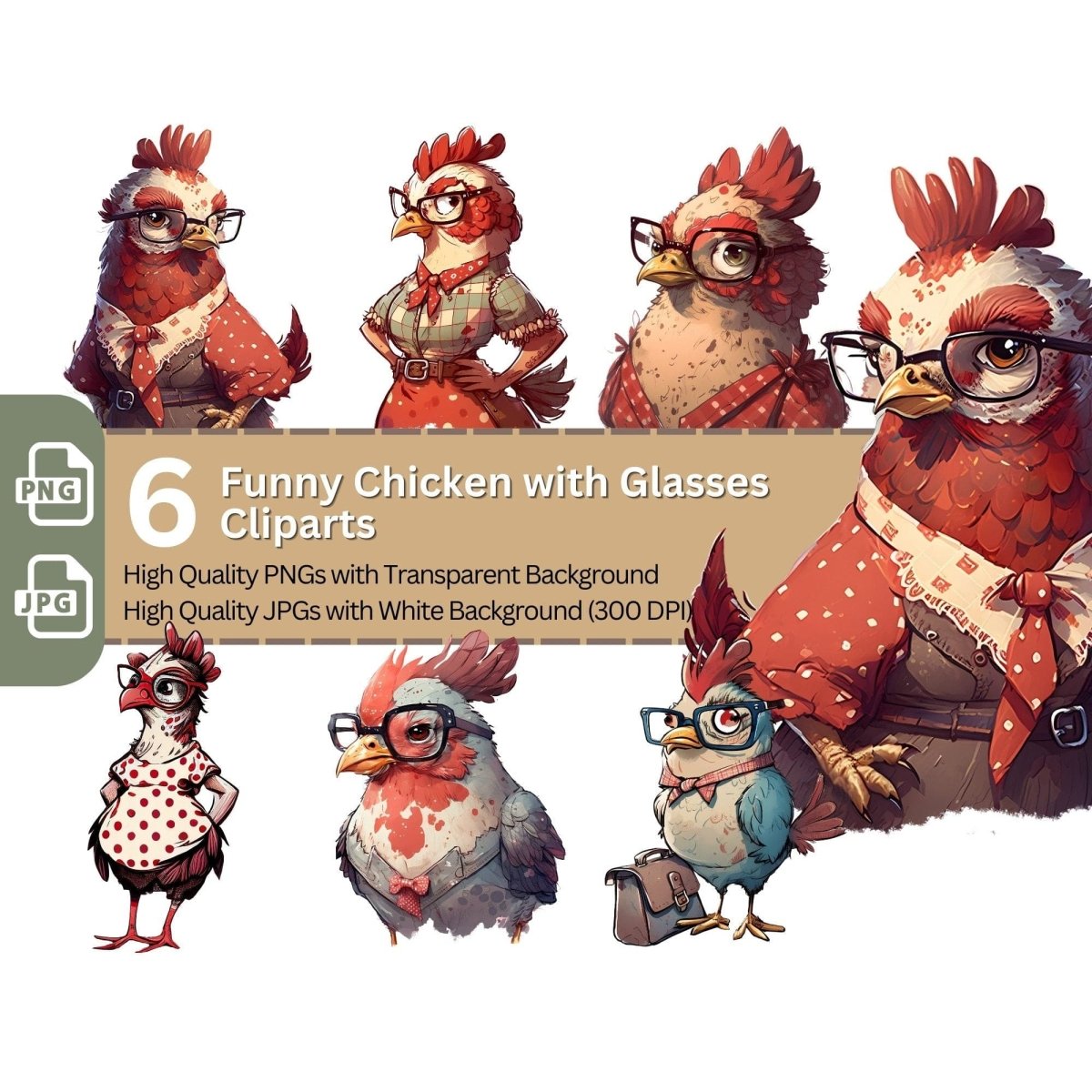 Funny Chicken with Glasses 6+6 PNG Clip Art Bundle - Everything Pixel