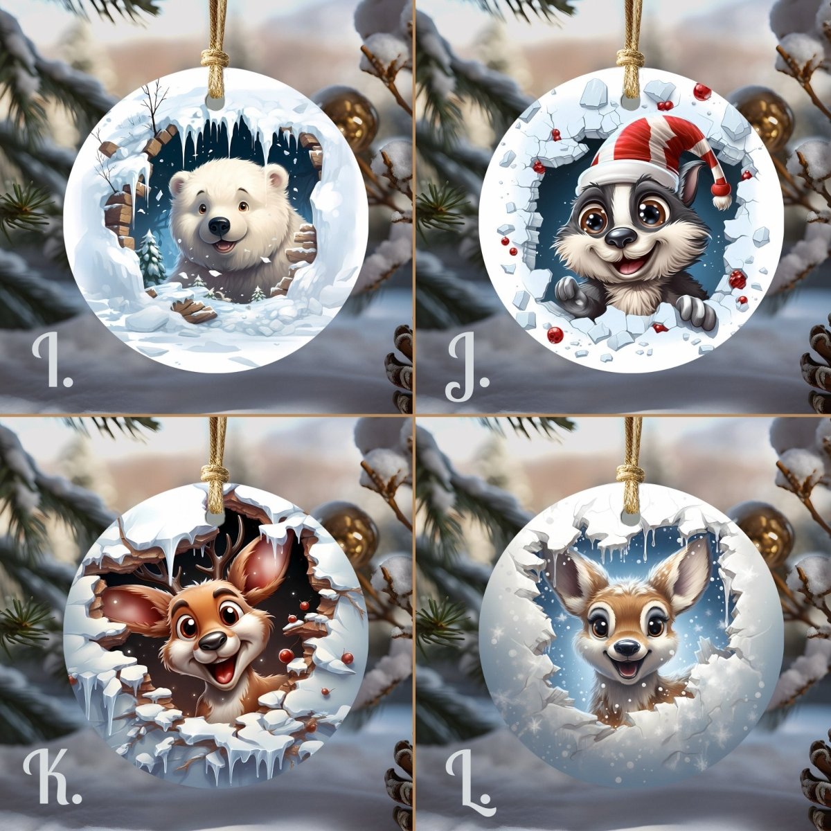 Funny Christmas Ornaments Set of 20 Round Ceramic Ornaments Cute Characters 3D Break Through Wall Style Festive Christmas Tree Decoration - Everything Pixel