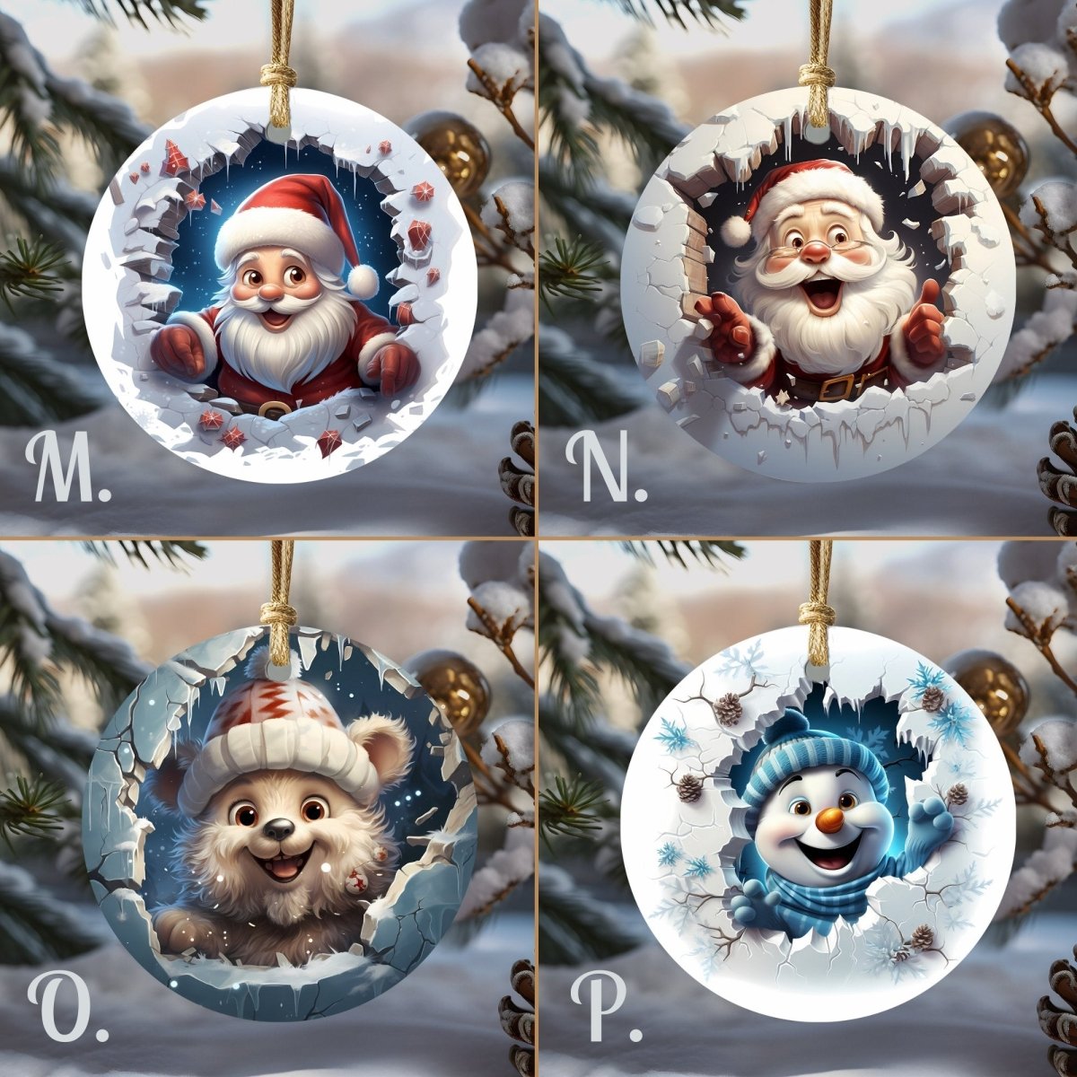 Funny Christmas Ornaments Set of 20 Round Ceramic Ornaments Cute Characters 3D Break Through Wall Style Festive Christmas Tree Decoration - Everything Pixel