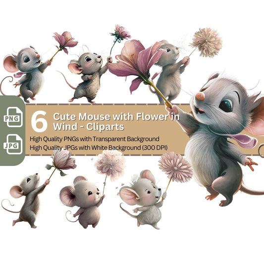 Funny Mouse with Flower Clipart 6+6 High Quality PNGs - Everything Pixel