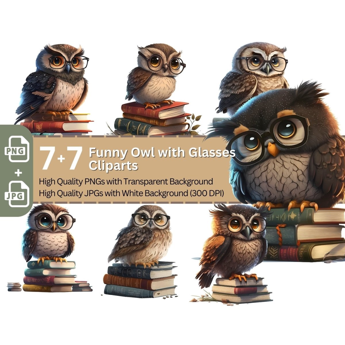 Funny Owl with Glasses 7+7 High Quality PNGs Clipart Bundle - Everything Pixel