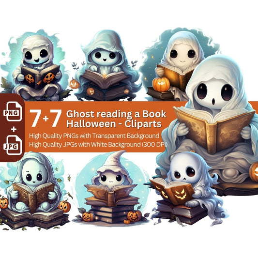 Ghost Bookworm Clipart 7+7 PNG/JPG Bundle Halloween - Everything Pixel