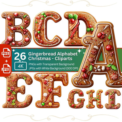 Gingerbread Alphabet 26 PNG Clipart Bundle Christmas Font Clipart - Everything Pixel