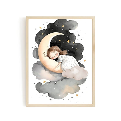 Girl sleeping on moon and stars wall art nursery moon clouds stars printing - Everything Pixel