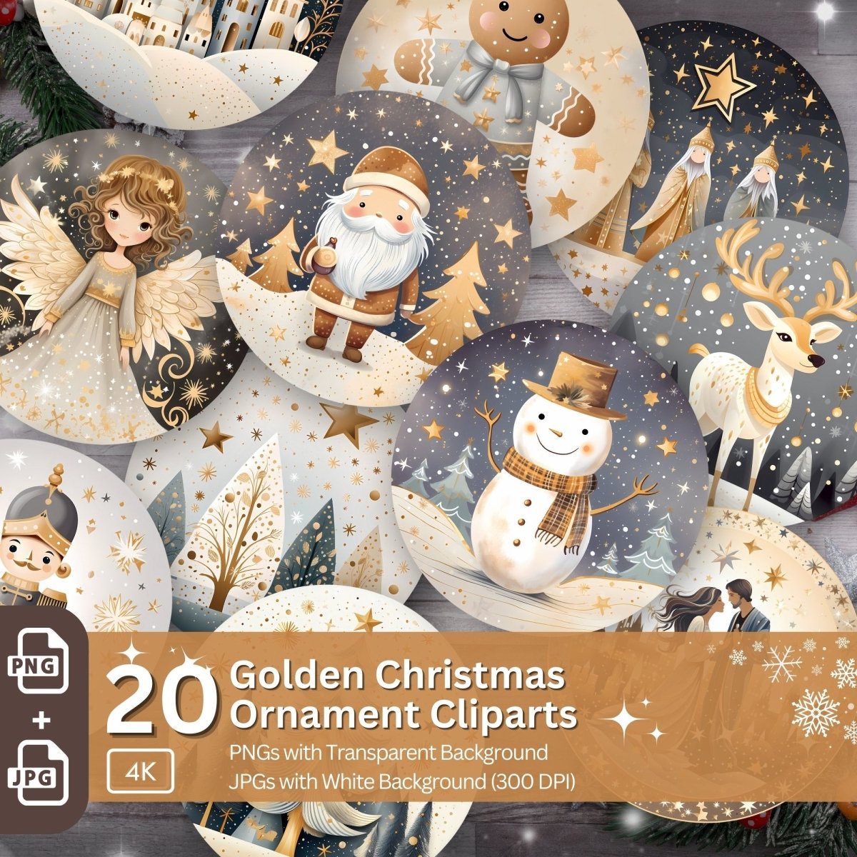 Gold Christmas Ornaments 20 PNG Printable Bundle Sublimation Design Festive Round Stickers Cute Animal Clipart Golden Stylish Graphics - Everything Pixel