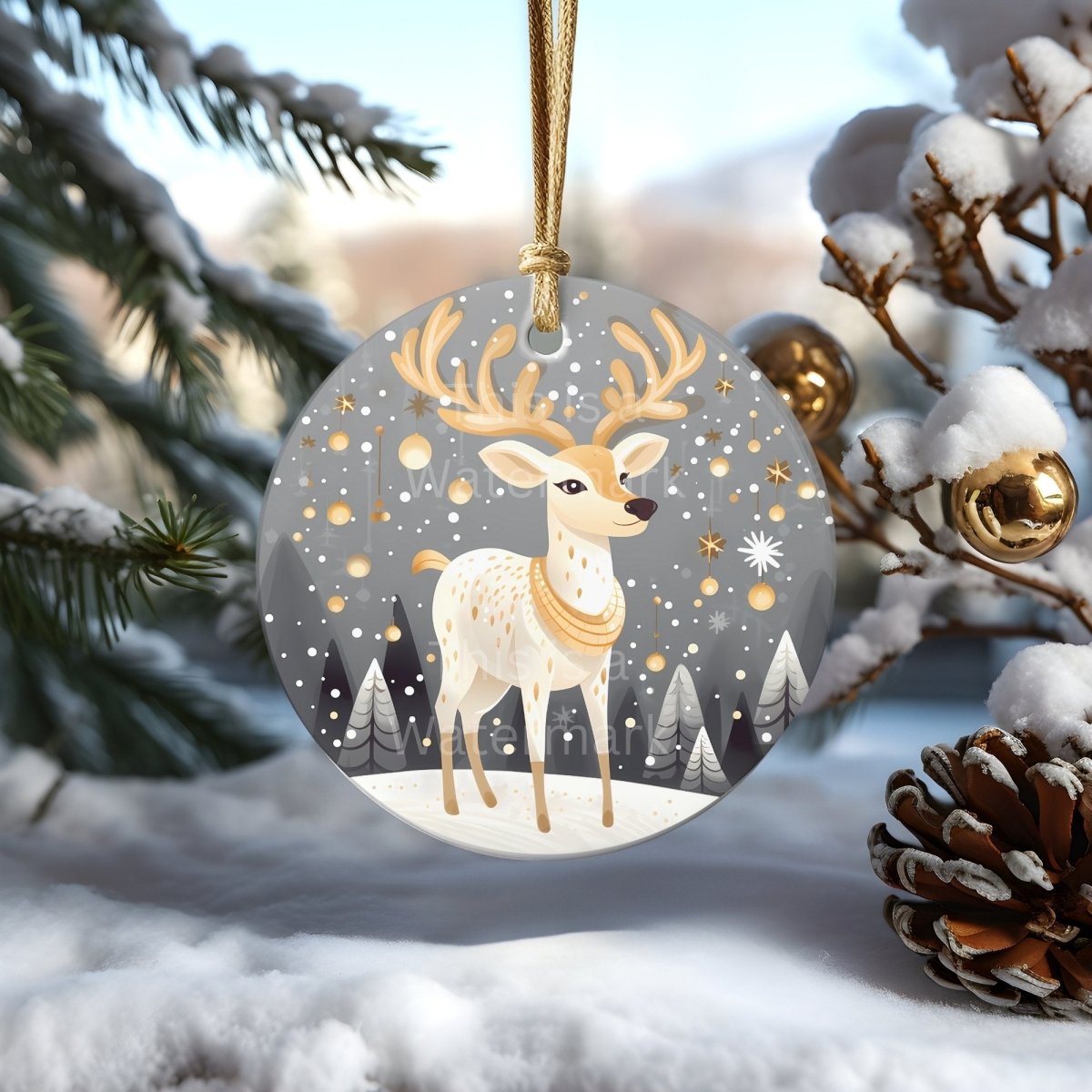 Gold Christmas Ornaments 20 PNG Printable Bundle Sublimation Design Festive Round Stickers Cute Animal Clipart Golden Stylish Graphics - Everything Pixel