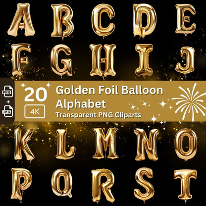 Gold Foil Balloon Alphabet Cliparts 26 PNG Bundle Golden Balloon Letters Birthday New Year Celebration Golden Party Balloons Foil Letters - Everything Pixel