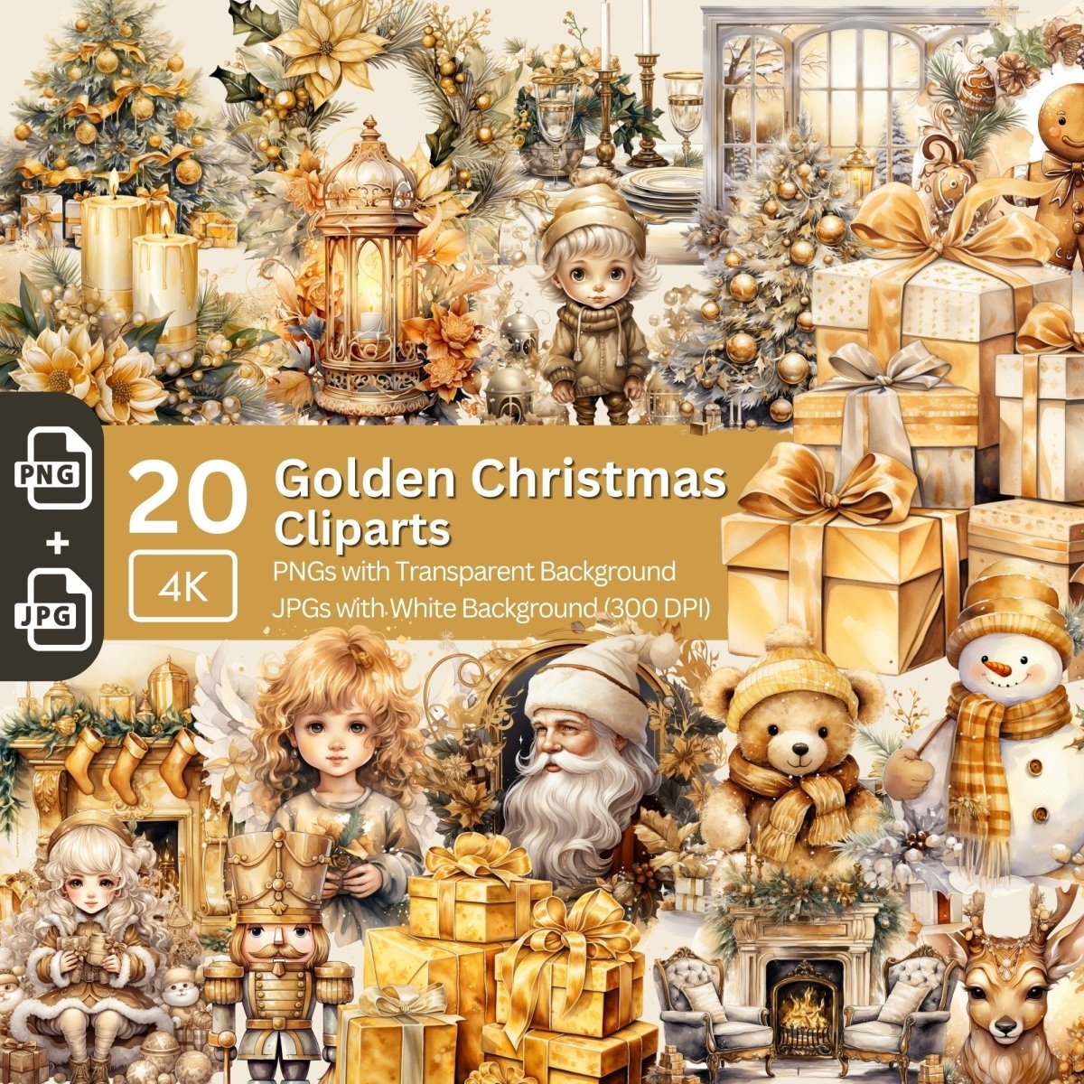 Golden Christmas Clipart 20x PNG Bundle Festive Advent Clipart - Everything Pixel