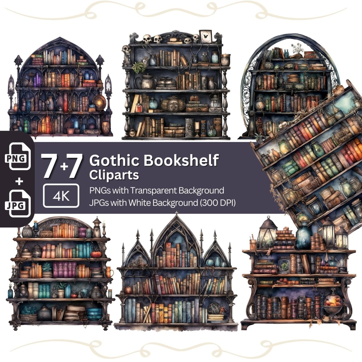 Gothic Bookshelf Clipart 7+7 PNG JPG Bundle Dark and Mystical Gothic Aesthetics - Everything Pixel