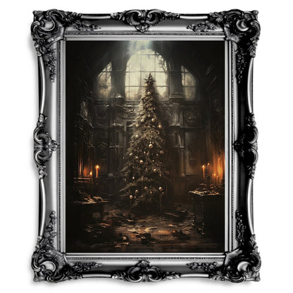 Gothic Christmas Tree Wall Art Abandoned House Christmas Painting Dark Cottagecore Artwork Gothic Christmas Art Haunted Mansion Paper Poster Print - Everything Pixel