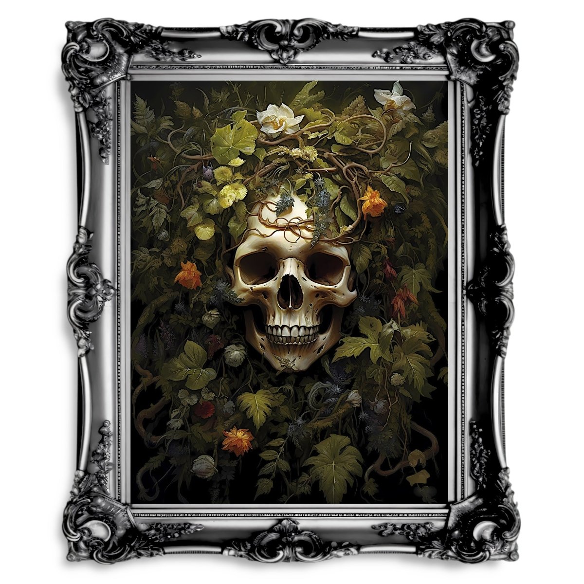 Gothic Floral Skull Home Decor Victorian Painting - Paper Poster Print - Everything Pixel
