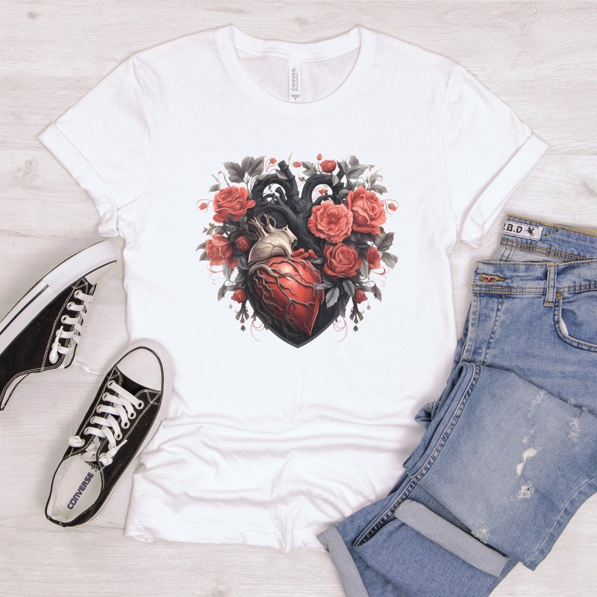 Gothic Heart T-Shirt High Quality Floral Heart Valentines Day Shirt Love Gift for Her Love Tee Gothic Heart Tee Love Shirt Dark Love - Everything Pixel
