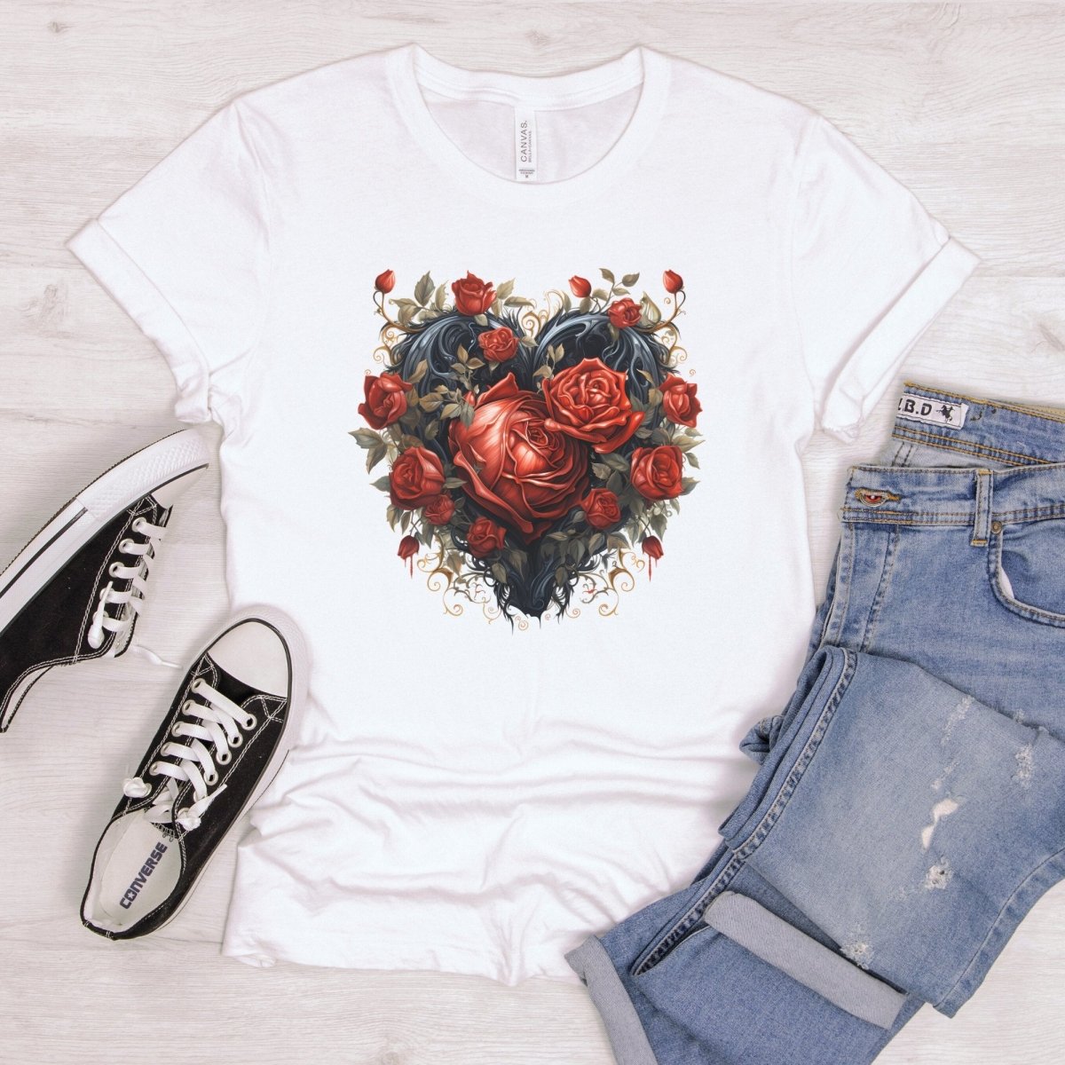 Gothic Heart T-Shirt High Quality Rose Heart Valentines Day Shirt Love Gift for Her Love Tee Gothic Heart Tee Love Shirt Dark Love - Everything Pixel