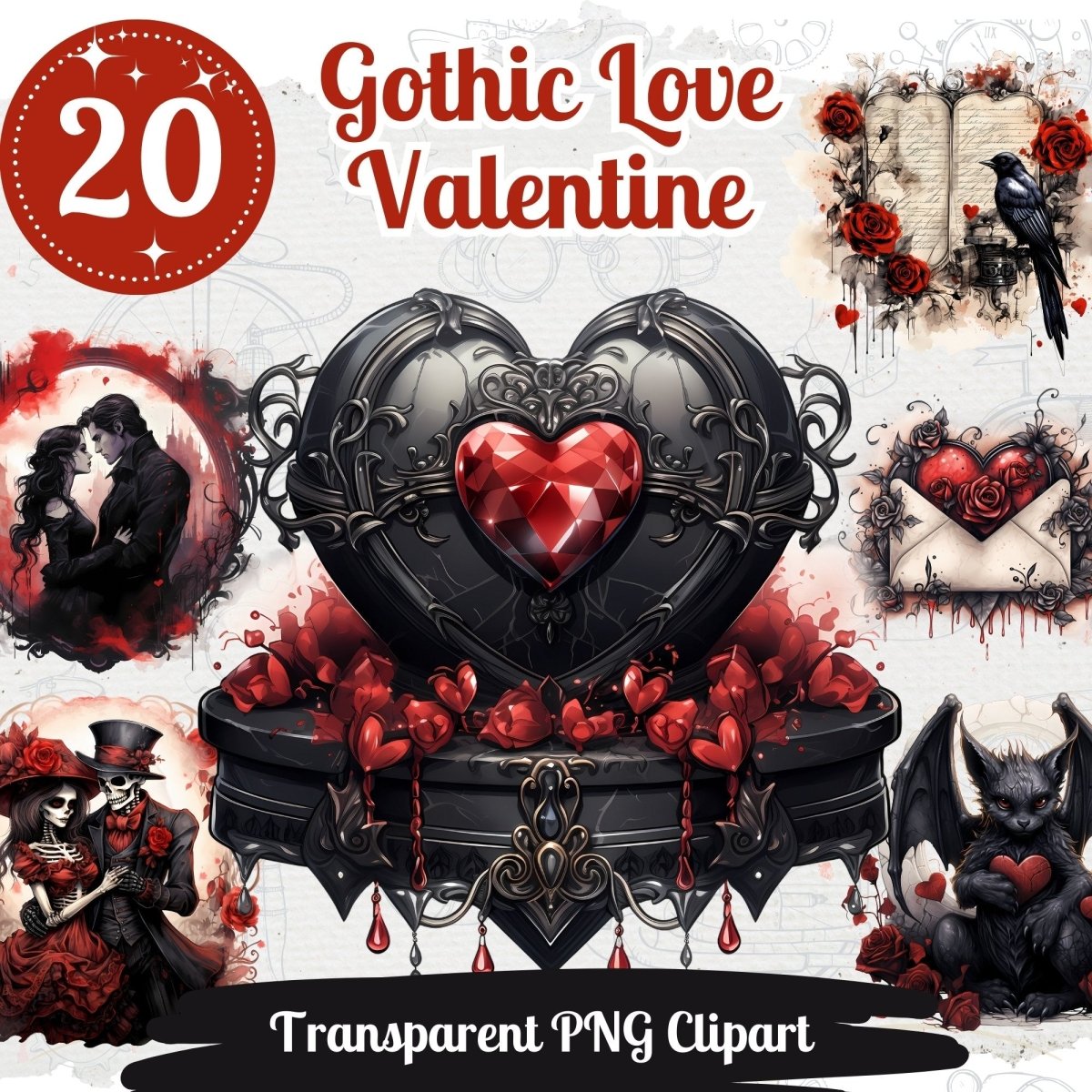 Gothic Love Cliparts 20 PNG Bundle Romantic Valentines Day Set Gothic Clipart Card Crafting Junk Journal Kit Romantic Vampire Couple - Everything Pixel