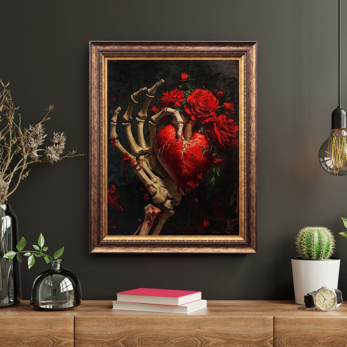Gothic Valentine Wall Art Antique Oil Painting Skeletal Hand holding Heart and Roses Gothic Decor Goblincore Dark Romance Print Paper Poster Print - Everything Pixel