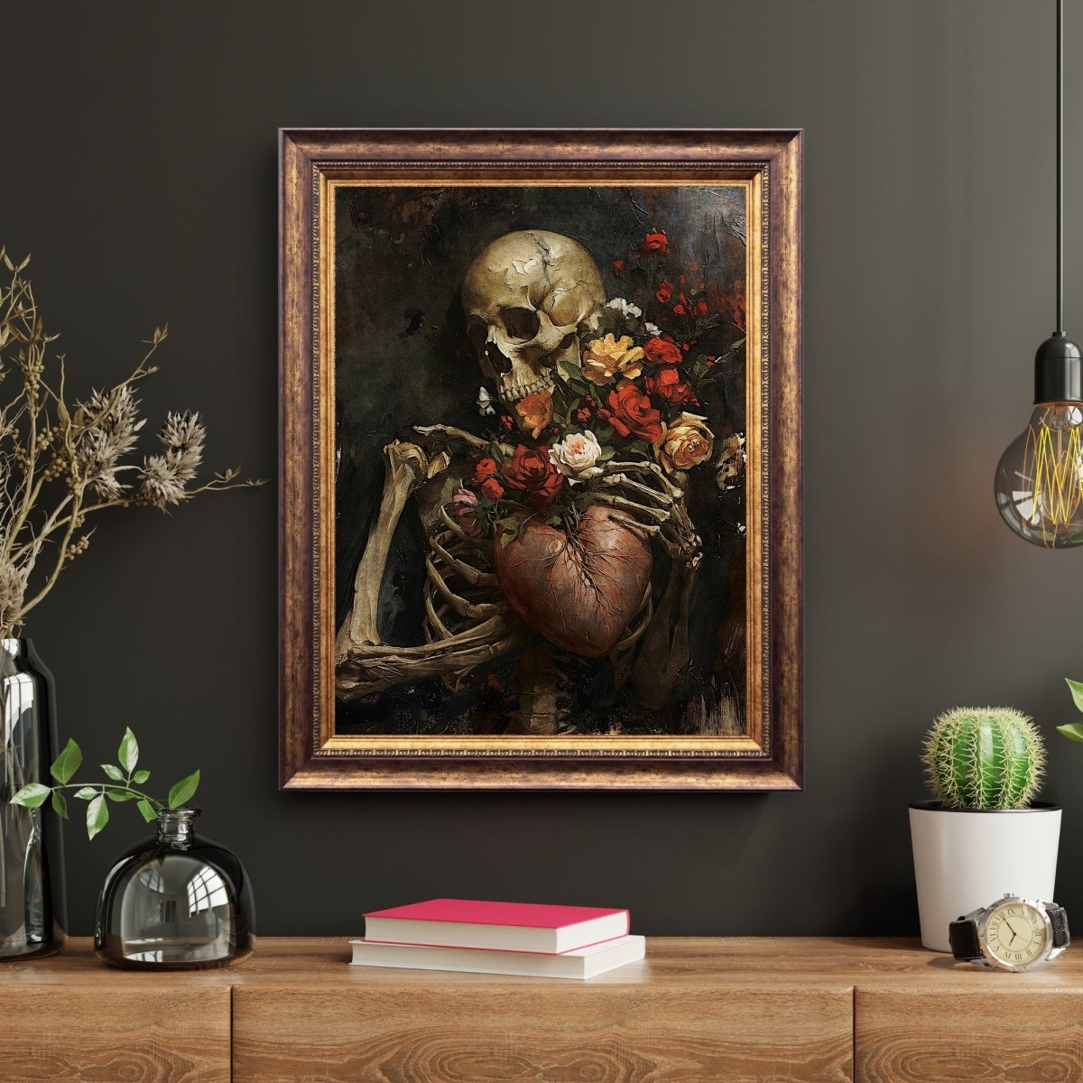 Gothic Valentine Wall Art Antique Skeleton Oil Painting Heart and Roses Dark Gothic Decor Goblincore Decor Dark Romance Print Paper Poster Print - Everything Pixel