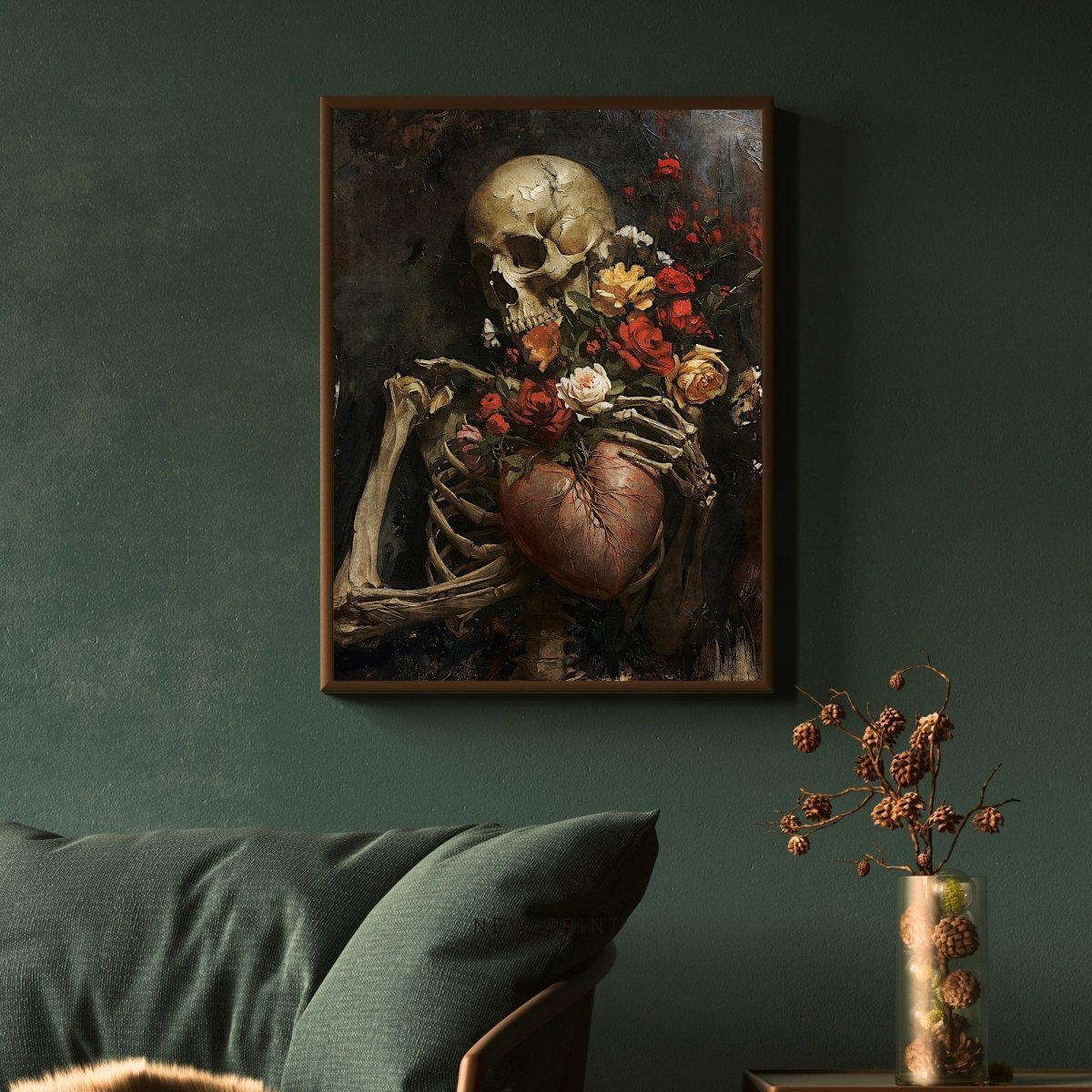 Gothic Valentine Wall Art Antique Skeleton Oil Painting Heart and Roses Dark Gothic Decor Goblincore Decor Dark Romance Print Paper Poster Print - Everything Pixel