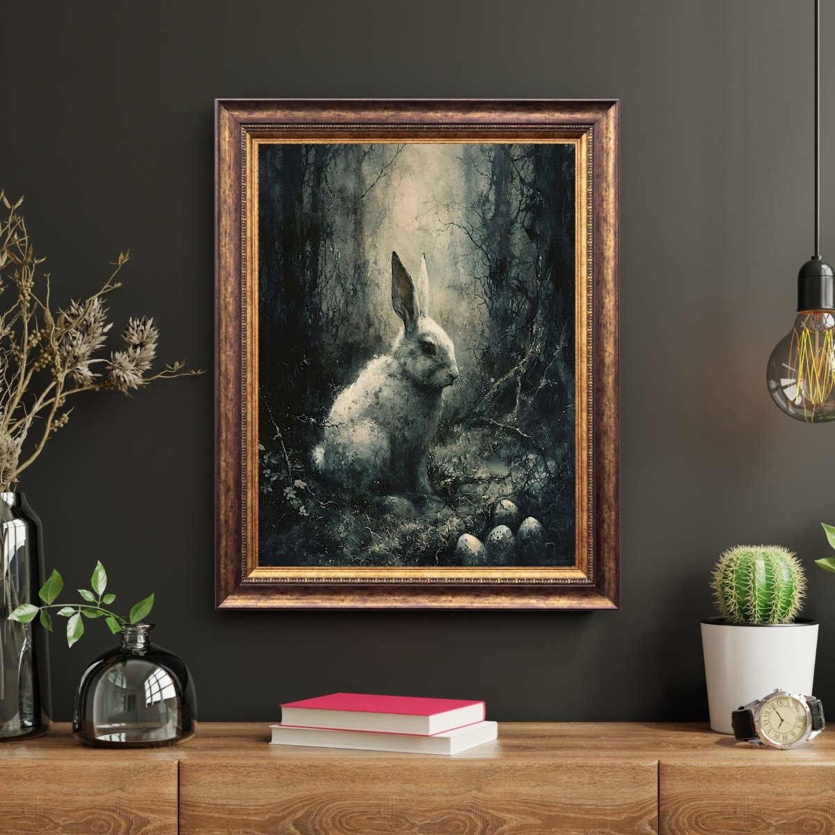 Gothic White Bunny in Woodland - Dark Easter Wall Art Print - Everything Pixel