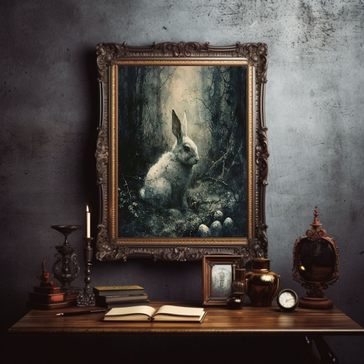 Gothic White Bunny in Woodland - Dark Easter Wall Art Print - Everything Pixel