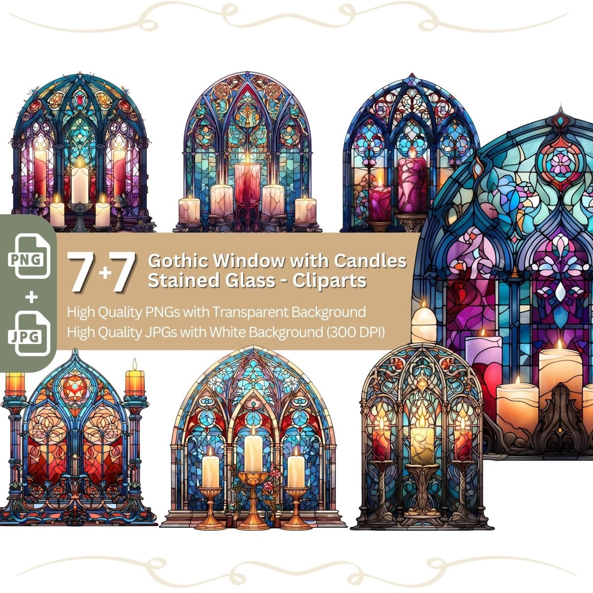 Gothic Window with Candles Clipart 7+7 High Quality PNG Bundle Arch Window - Everything Pixel