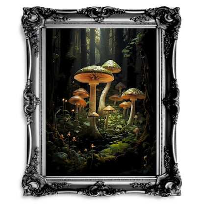 Green Mushrooms in Dark Forest Dark Cottagecore Goblincore Vintage Botanical - Paper Poster Print - Everything Pixel