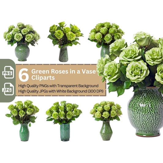 Green Roses in Vase 6+6 PNG Bundle for Sublimation Clipart - Everything Pixel