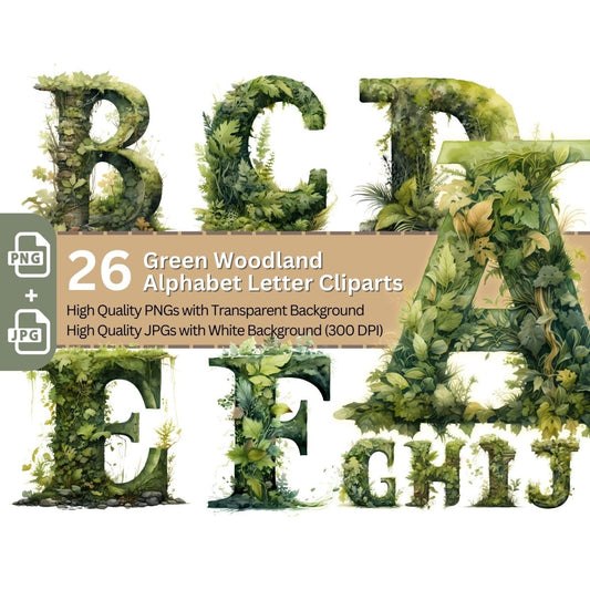 Green Woodland Alphabet 26+26 PNG Clip Art Bundle Fancy Letters - Everything Pixel